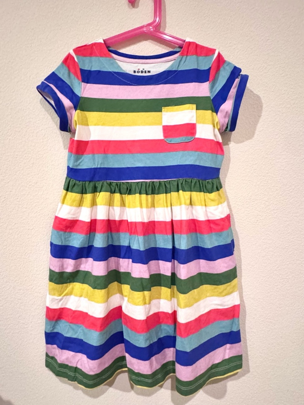 Mini Boden - Rainbow Stripe Pocket Dress - Blue, Pink, Green, Yellow, White